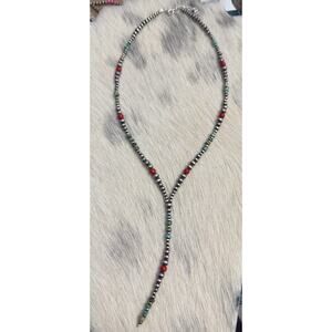 Native American Sterling Silver Navajo Pearl Green Opal Coral Necklace Lariat
